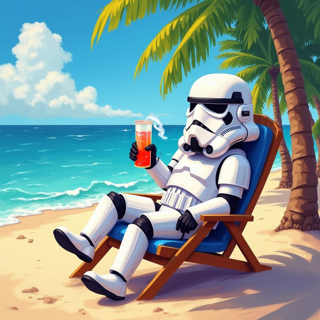 Stormtrooper in Vibrant Cartoon Beach Scene