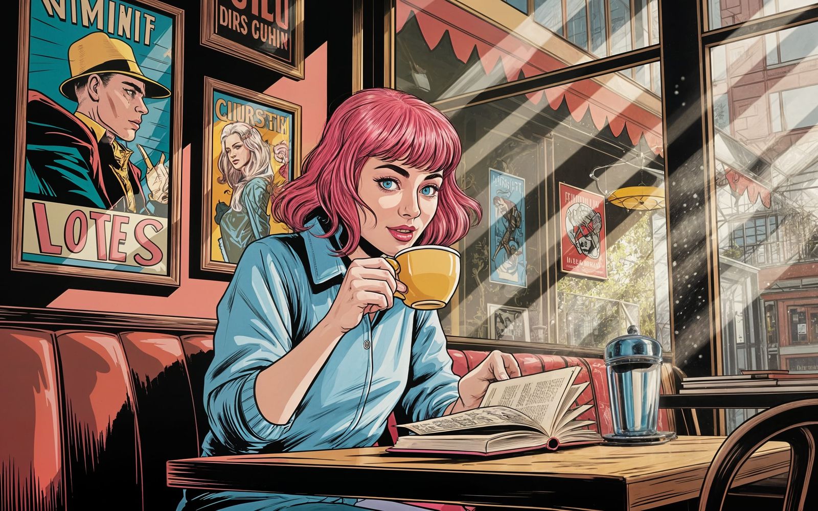 A young woman with bright pink hair sits in a cozy cafe, sipping a latte and reading a book.