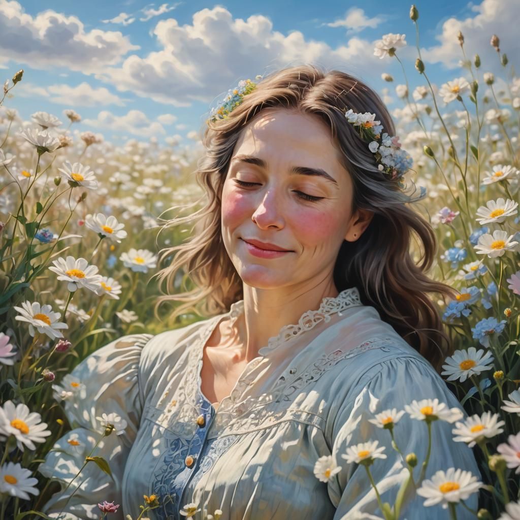 Ethereal Mother Smiling in Field of Flowers