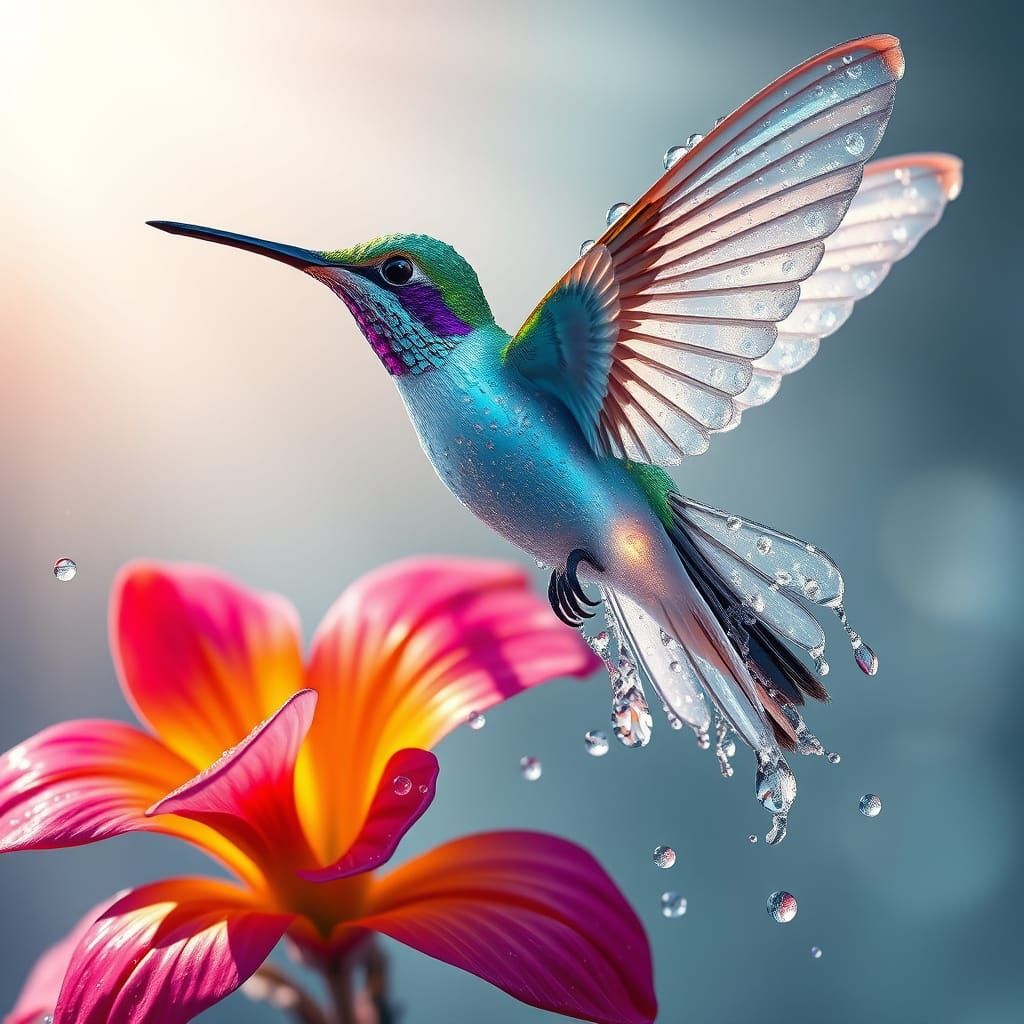 Ultra-Realistic Hummingbird Made of Water Droplets in Mid-Ai...