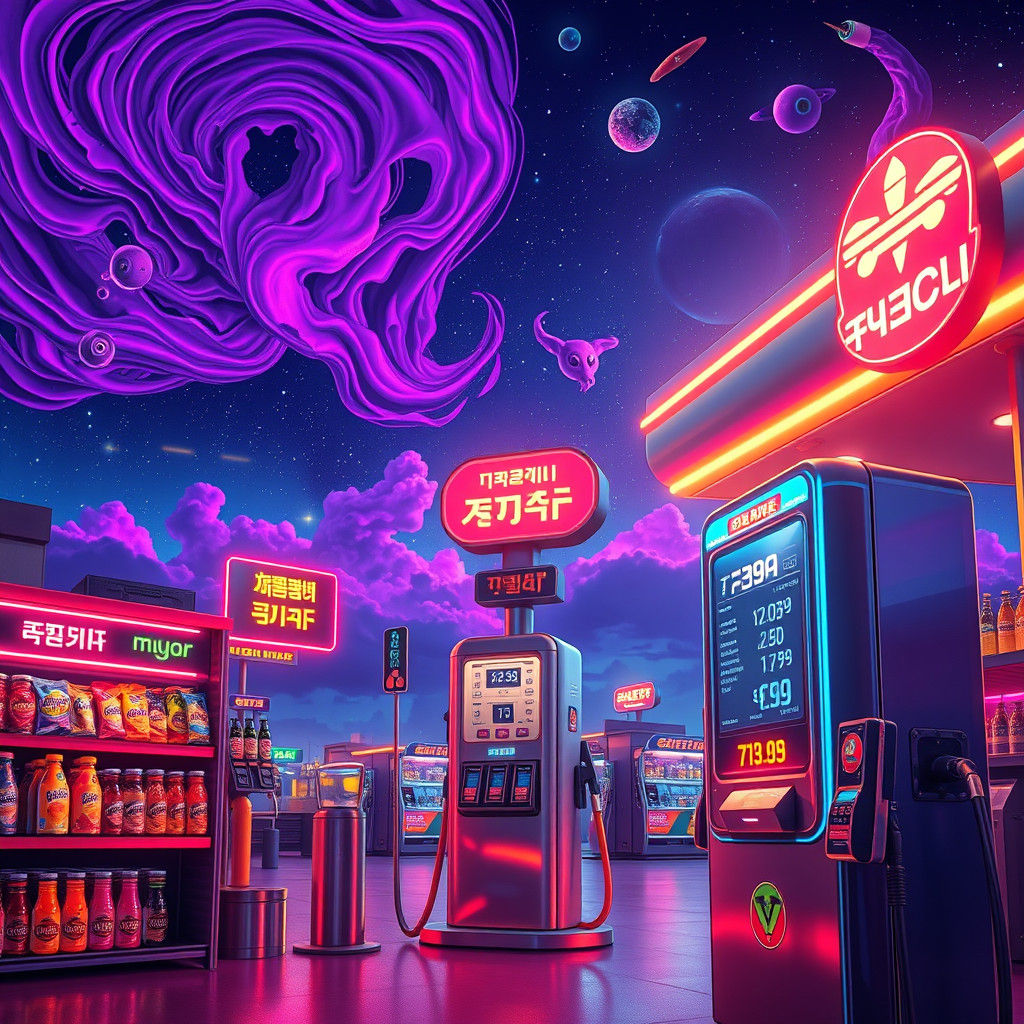 Intergalactic Gas Station in 80s Retro-Futurism