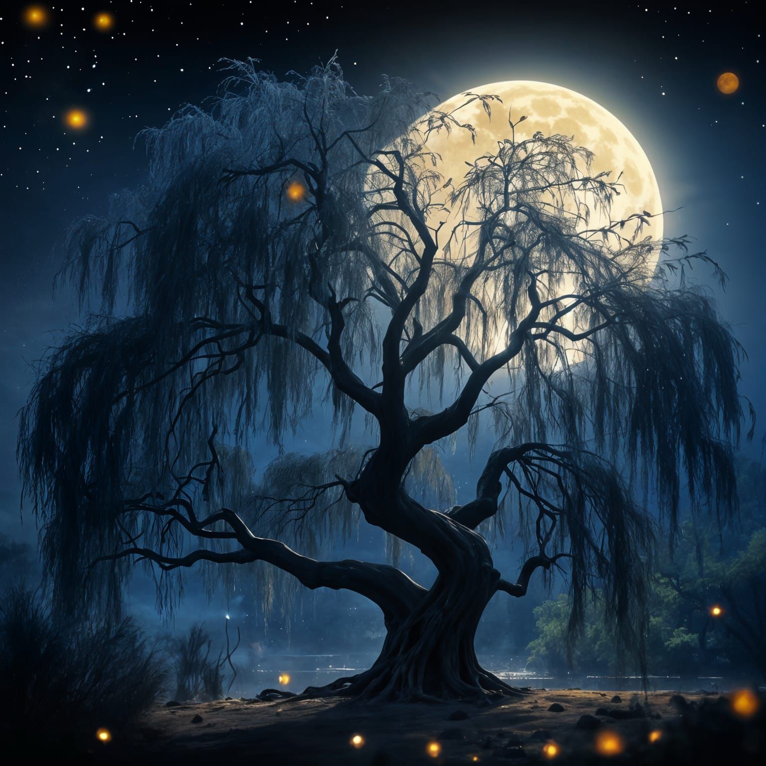 Moonlit Weeping Willow with Fireflies in Dreamlike Landscape