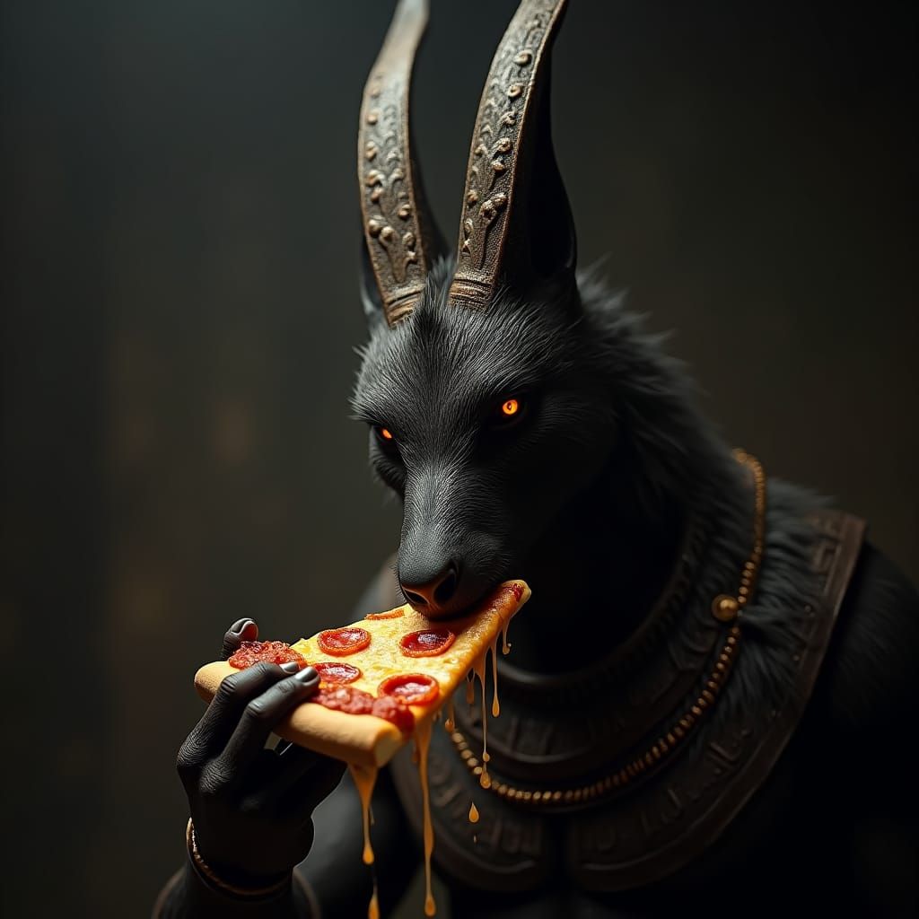 Anubis Eats Pizza: Photorealistic Oil Painting