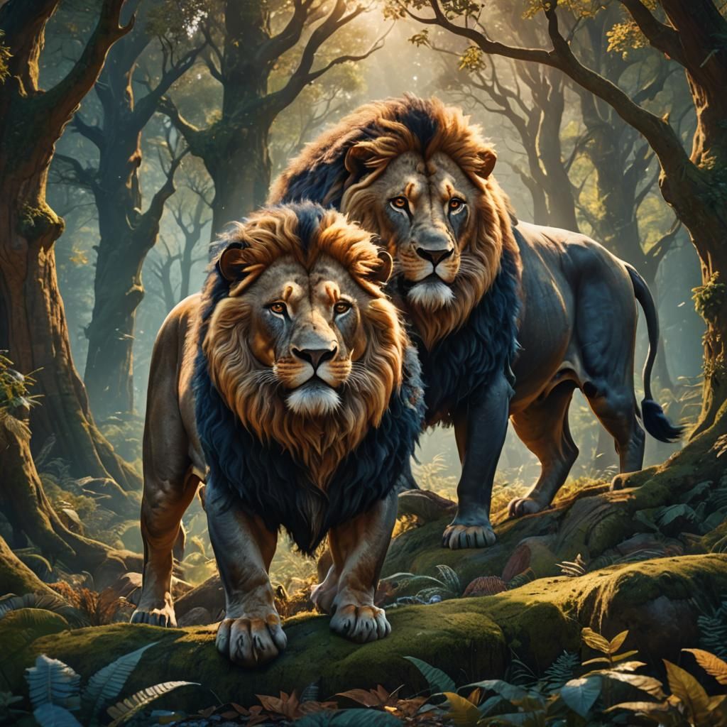 Majestic Bull and Regal Lion in Ancient Forest