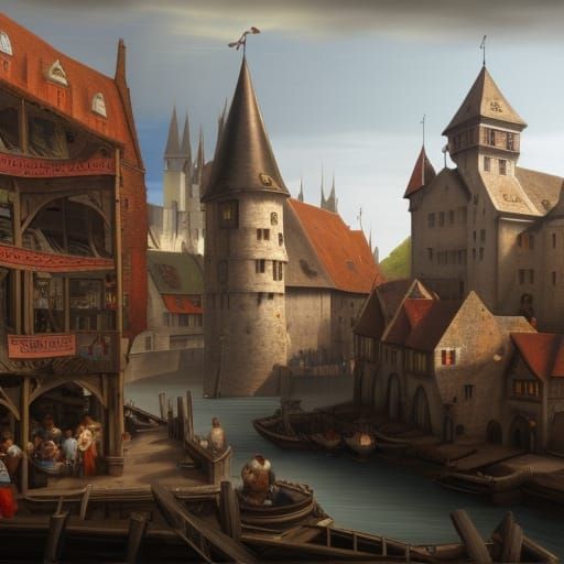 Bustling Medieval Fish Market, Breughel Style