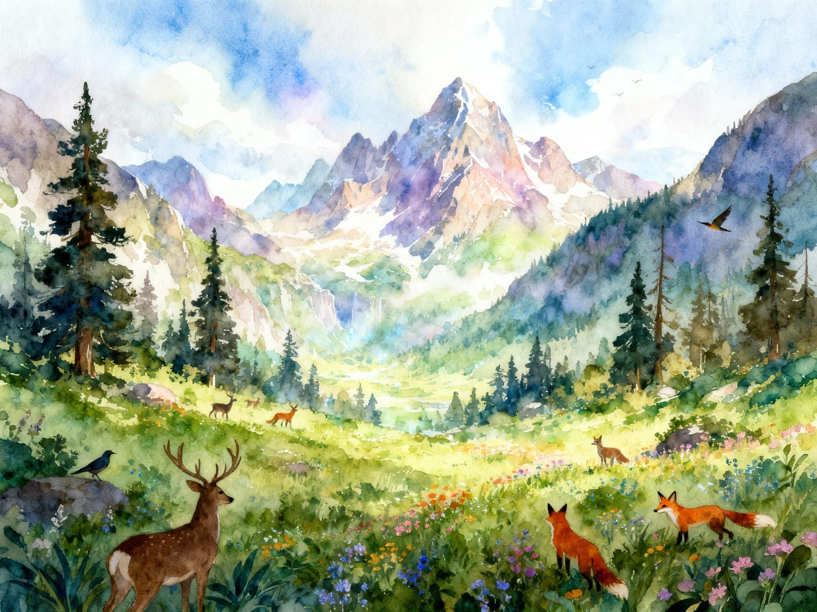 Majestic Wilderness Landscape in Wet Watercolor Style