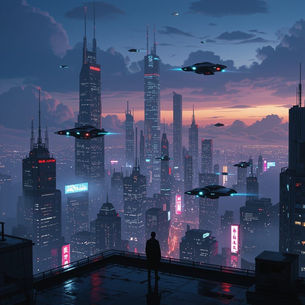 Futuristic Cityscape at Twilight in Film Noir Style