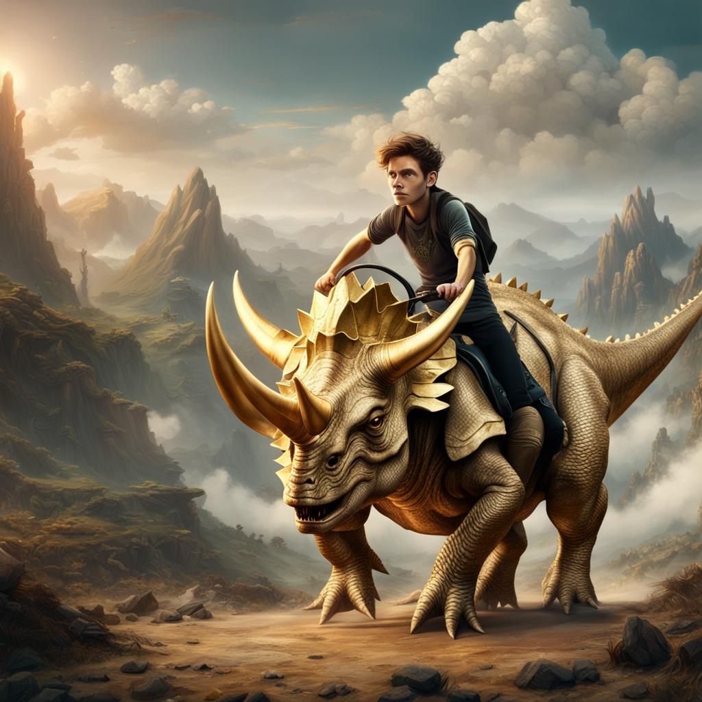 Boy Rides Triceratops in Epic Digital Painting