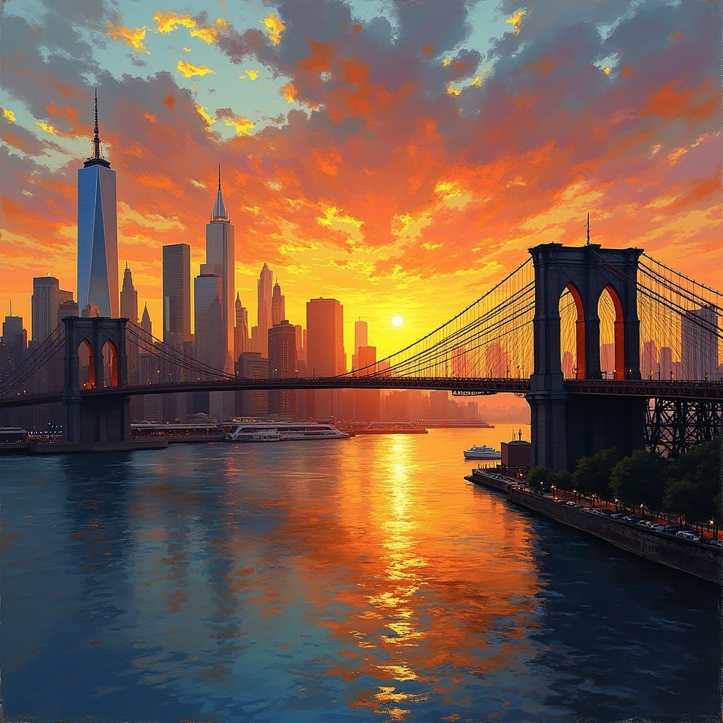 New York City Panorama at Sunset, in Vibrant Golden Tones