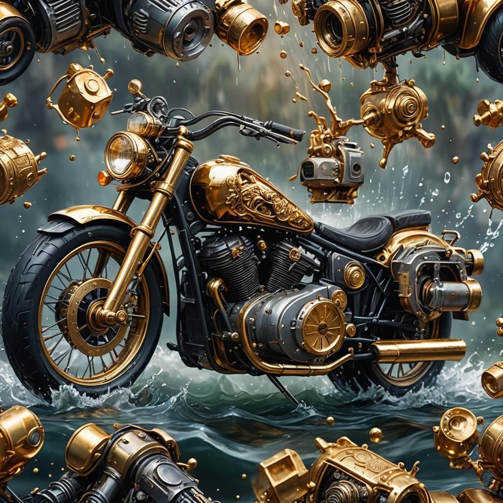 Detailed Gold Motorcycle in Water Painting Style