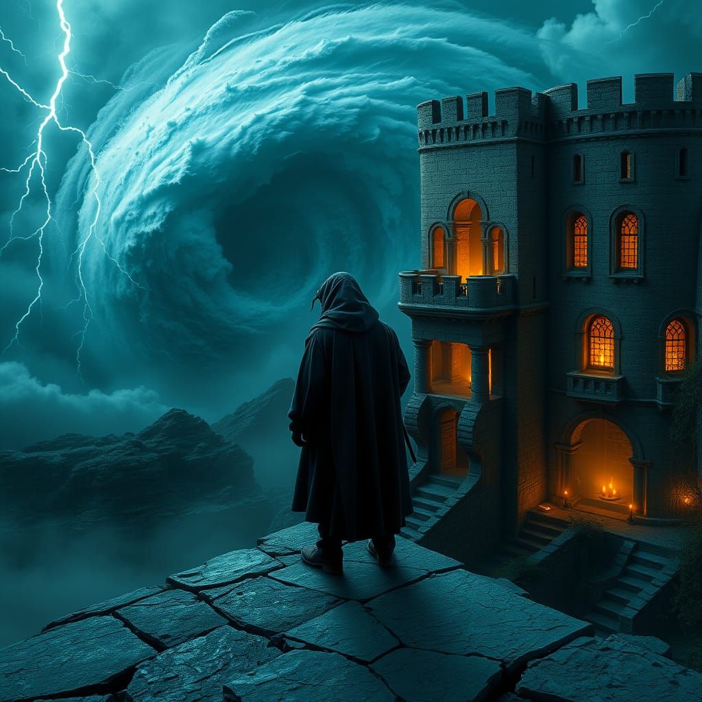 Mysterious Figures Stand at Ruined Castle Parapet, Defying O...