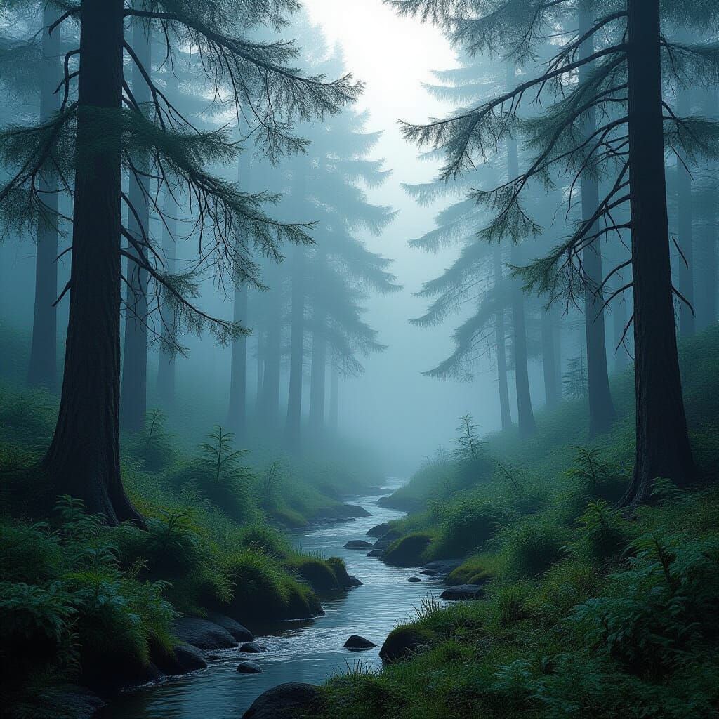 Ethereal Foggy Pine Forest Landscape