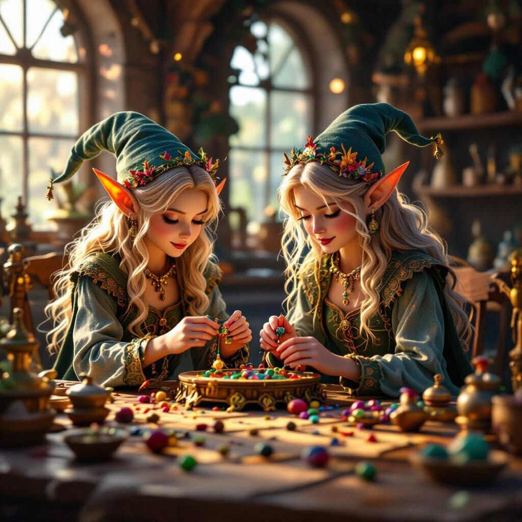 Elegant Elves Crafting Toys in Magical Workshop