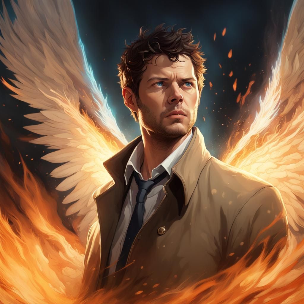 Castiel's Fiery Descent: Art Nouveau Portrait
