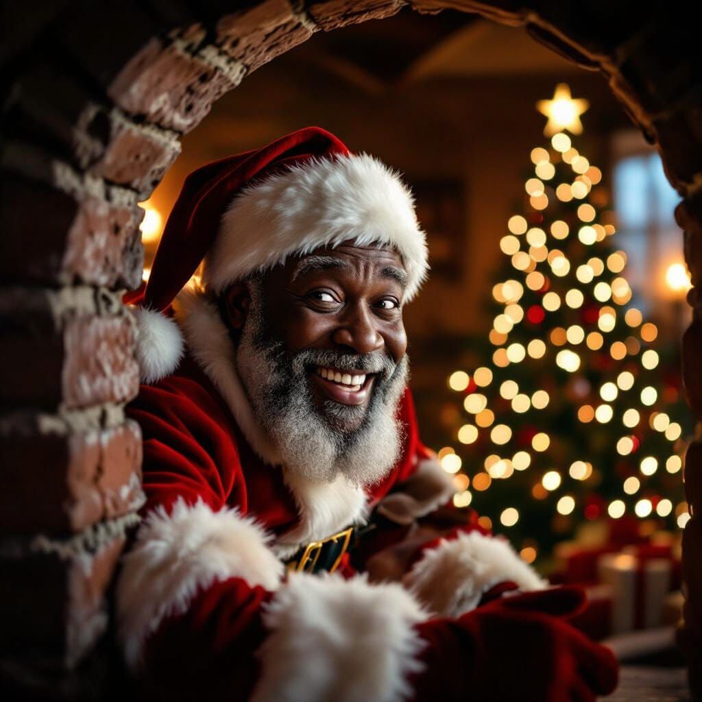 Joyful Dark-Skinned Santa Descends Cozy Chimney