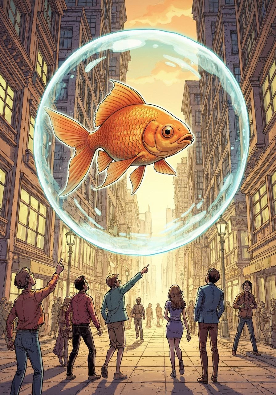 Giant Goldfish in Bubble Navigates Surreal City Street