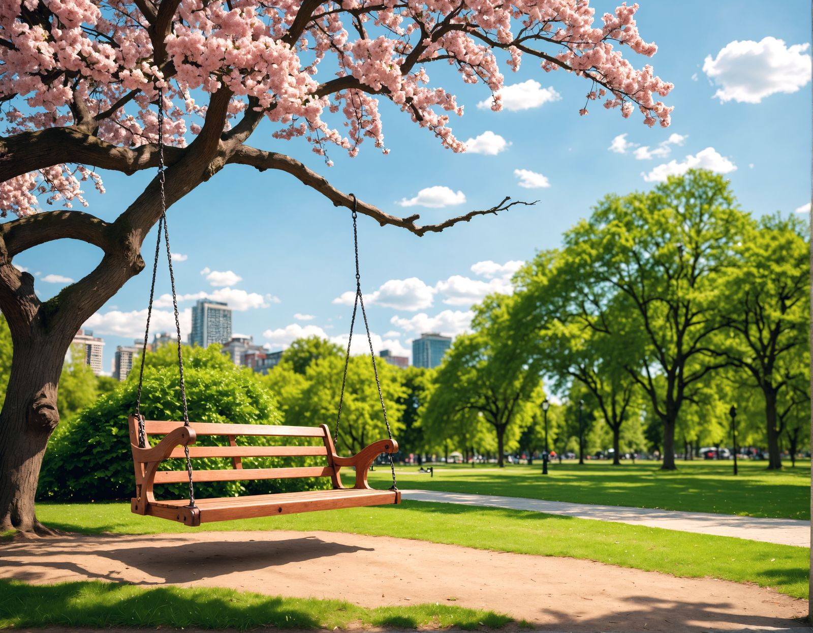 A Hyperrealistic City Park Scene in High Contrast Color