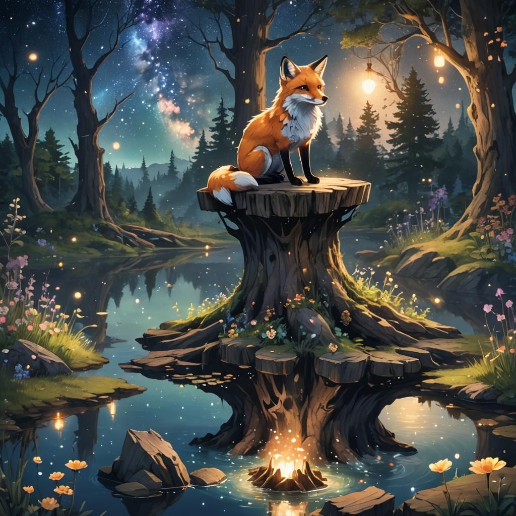 Magical Fox in Luminous Forest: Vibrant Anime Art