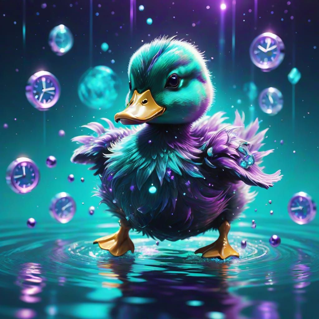 A cosmic fluffy baby duck running after clocks, on turquoise...