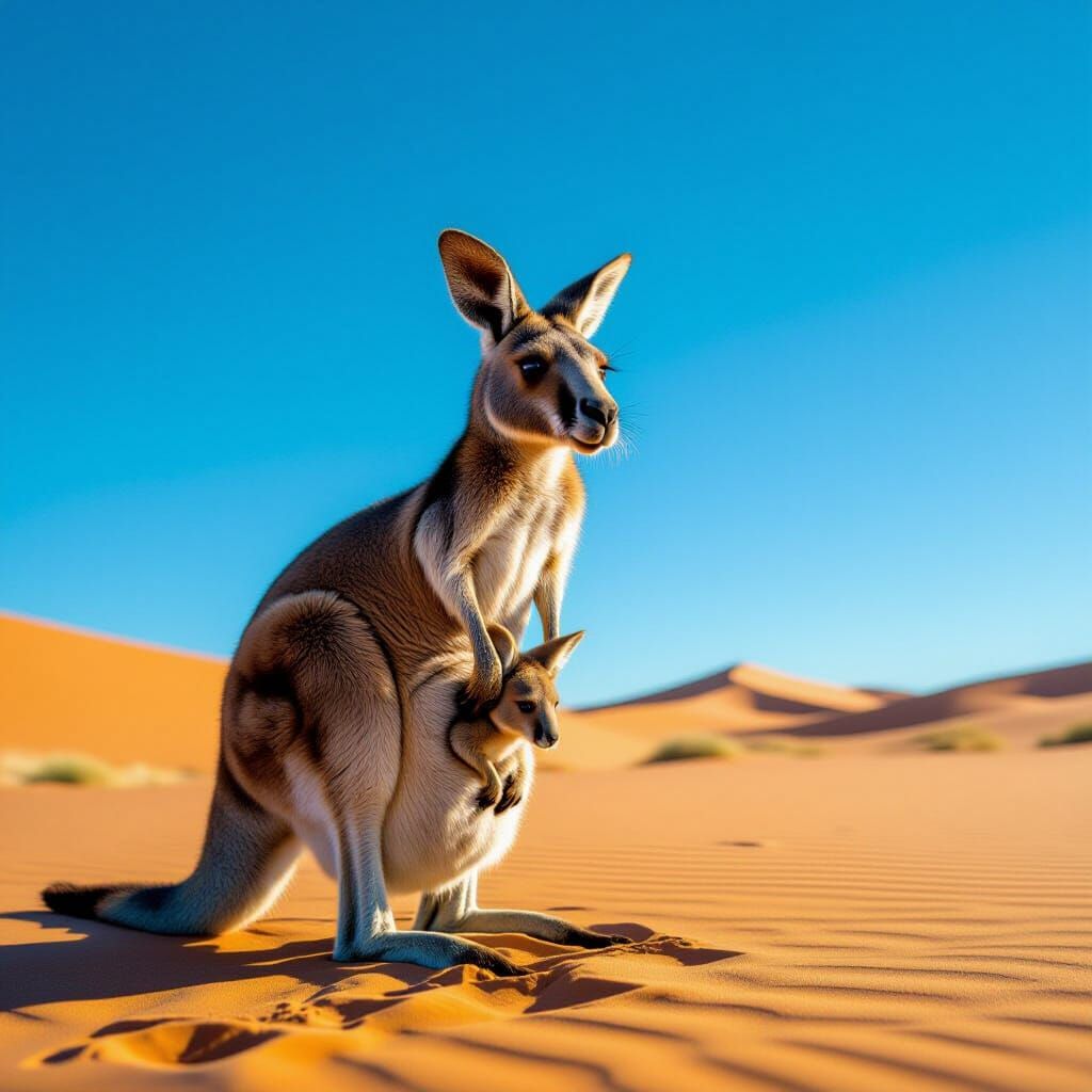 Kangaroo with Joey Hops on Desert Sand Under Azure Sky