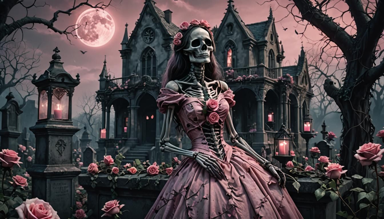 Weeping Pink Skeleton in Gothic Cemetery