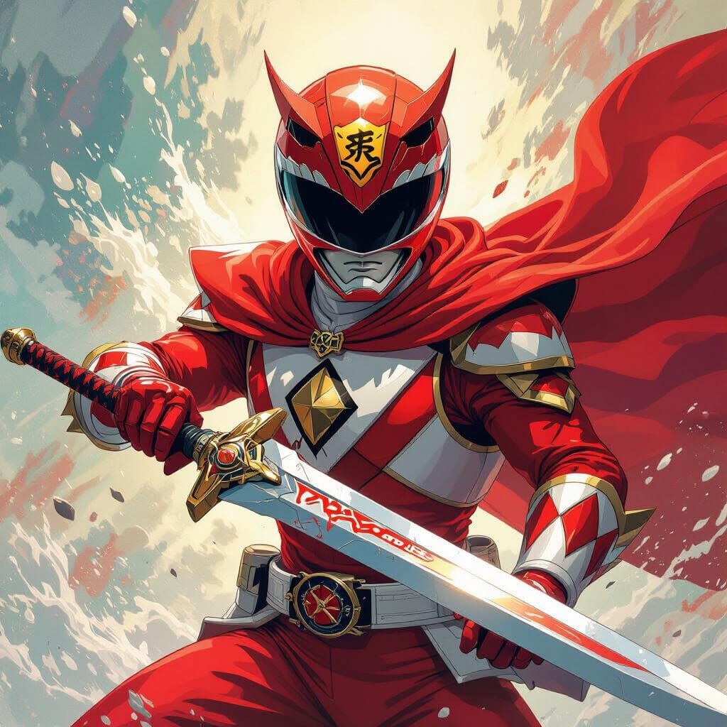 Red Ranger with Fire Kanji Helmet and Shark Sword