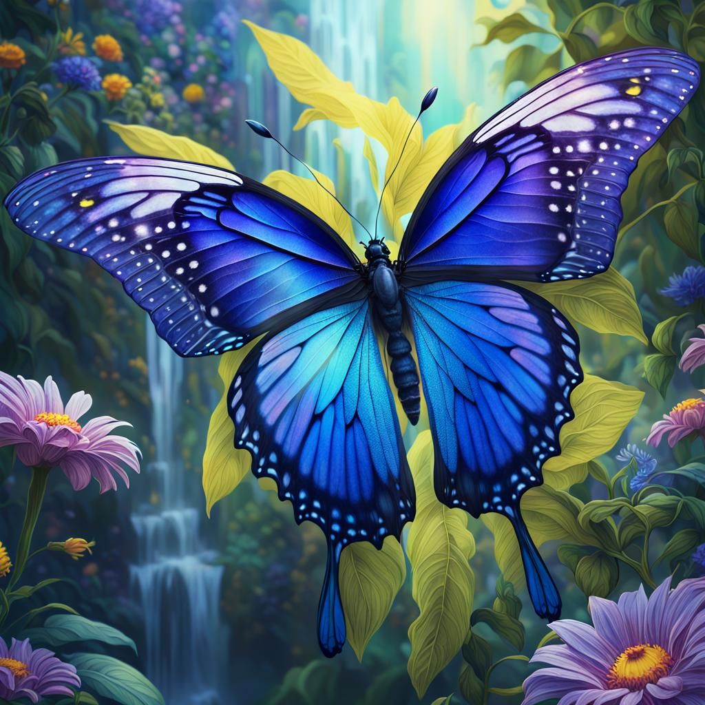 Enchanting Blue Butterfly with Waterfall Wings