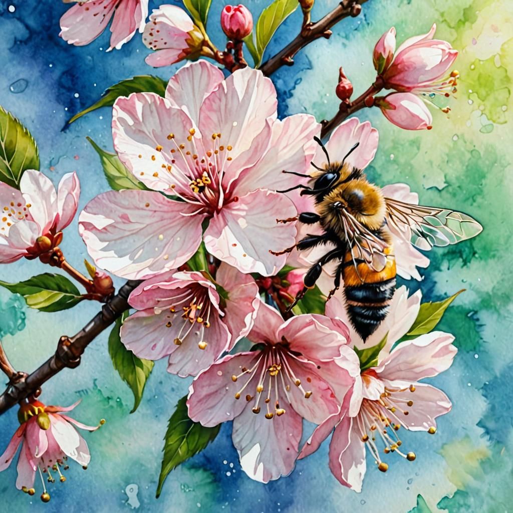 Cherry Blossom Watercolor with Bee and Blue Sky