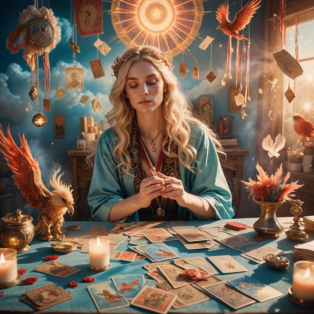 Dreamy Surrealist Tarot Reader in Golden Light