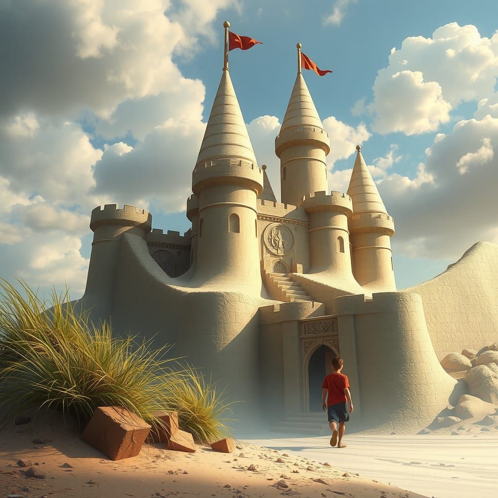 Young Kid and Big Sandcastle in Detailed Matte Painting