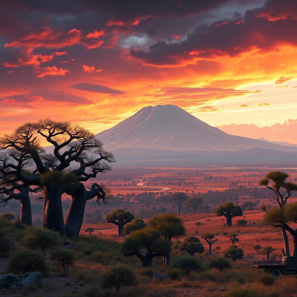 Surreal Tanzanian Landscape with Majestic Baobab Trees and K...