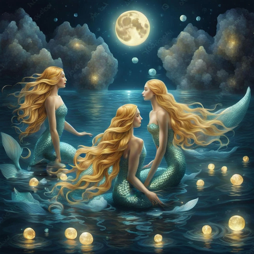 Crystal Mermaids in a Moonlit Sea: A Surreal Vision