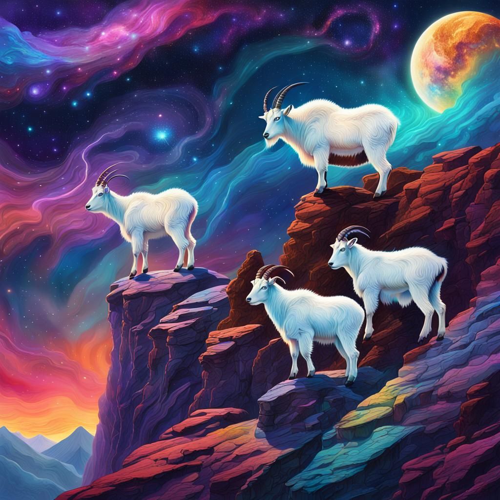 Cosmic Mountain Goats in Astral Art Style