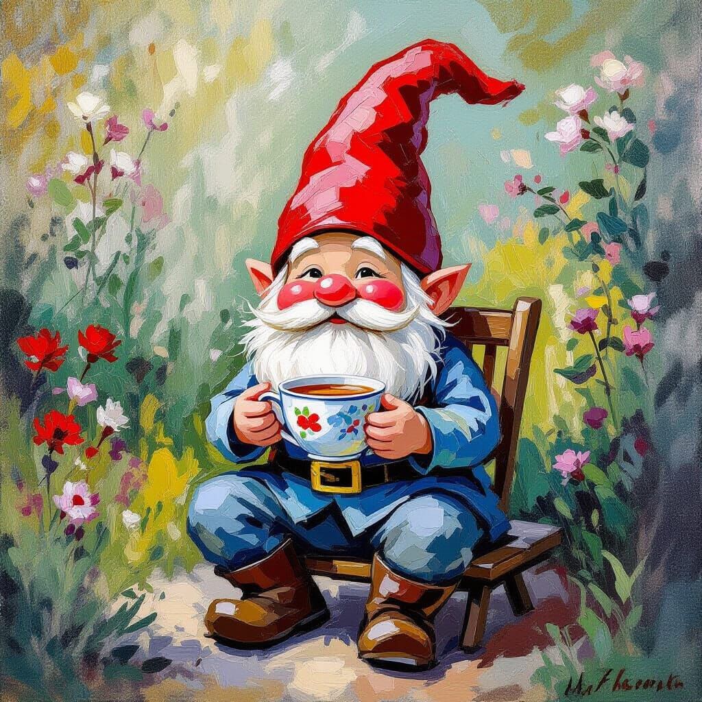Gnome Sipping Tea in Garden, Impressionist Style