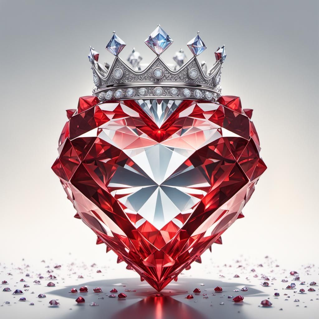 Sparkling Red Crystal Heart with Crown in Fantasy Art