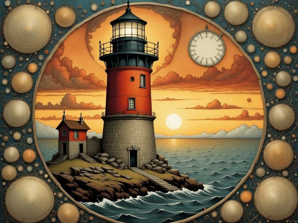 Lighthouse Sunset Collage in Surrealist Style