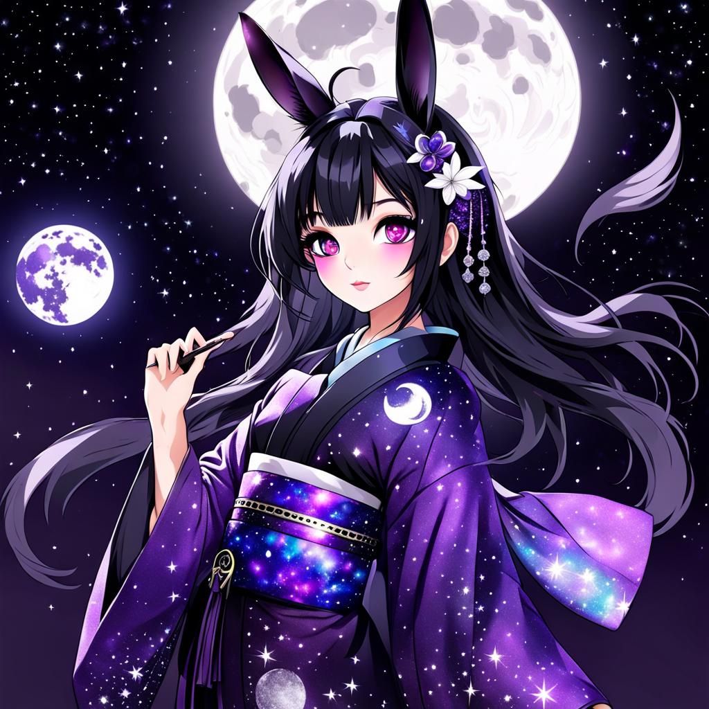 Anime Girl with Rabbit Ears and Moon