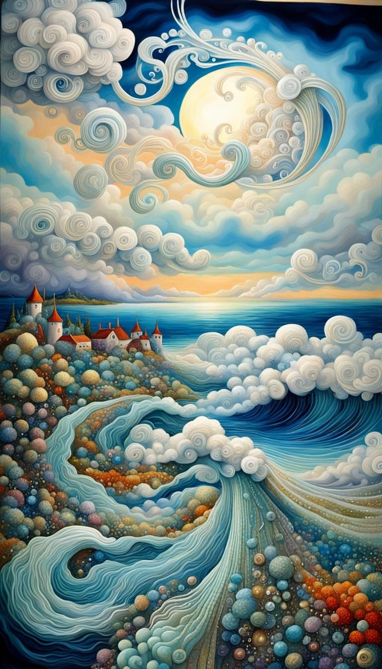 Dreamlike Seascape with Swirling Clouds