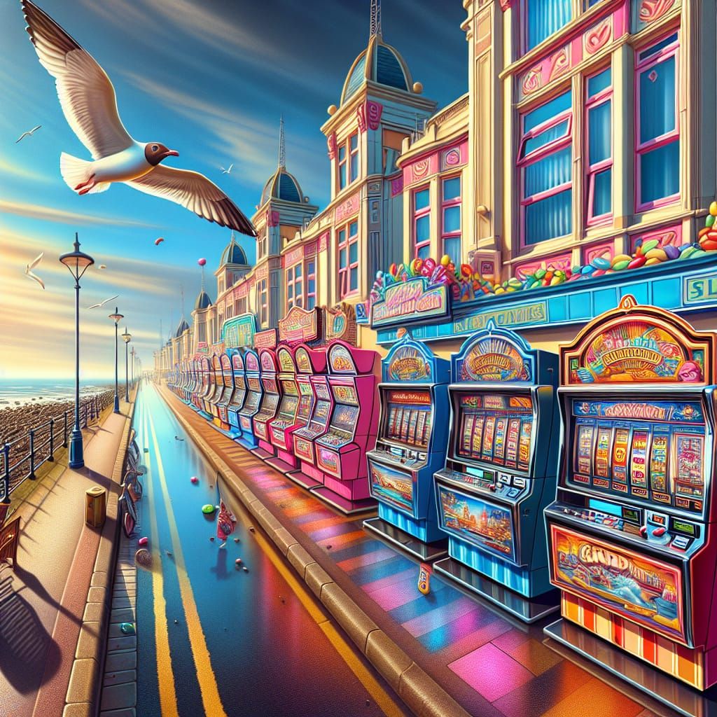 Vibrant UK Seaside Town with Arcades, Digital Illustration