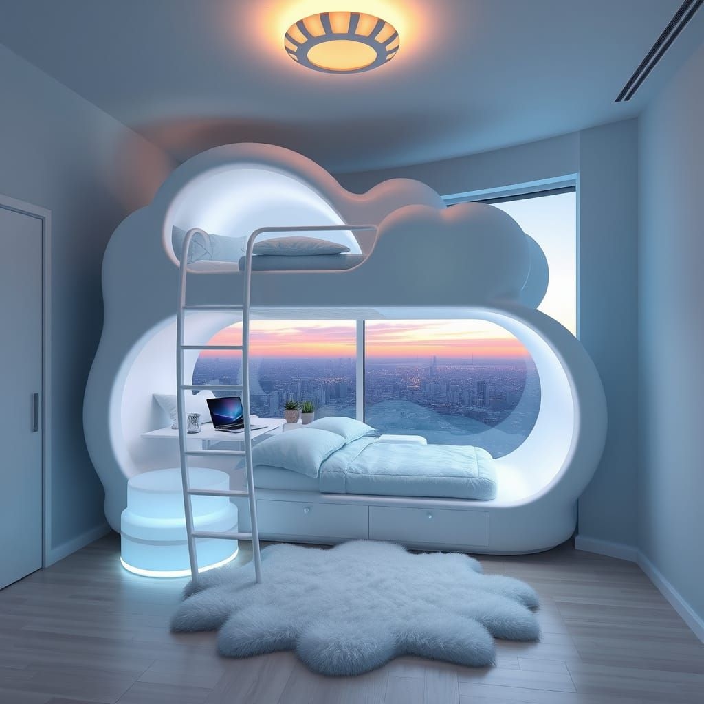 Whimsical Cloud Bunk Bed in Sky-Themed Bedroom