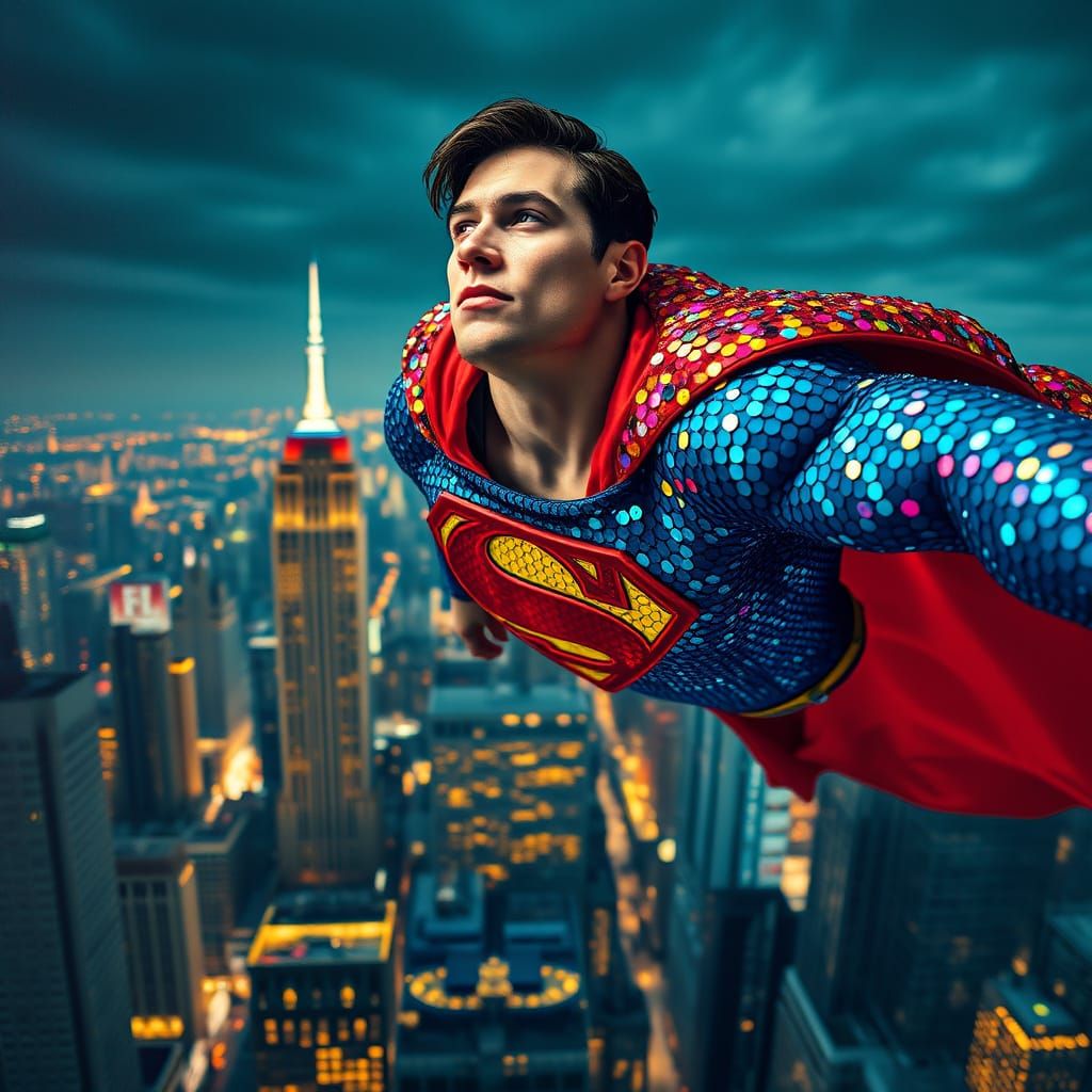 Superman in a Vibrant Sequin Cloak Soars Over New York in a ...