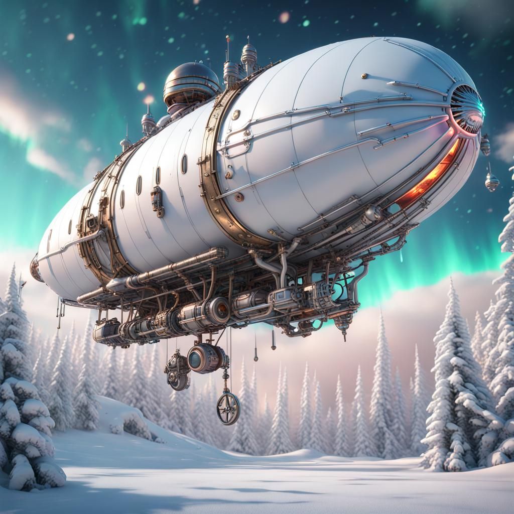 Steampunk Blimp Over Winter Wonderland Aurora