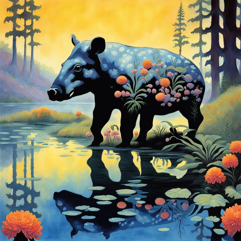 Tapir at Lake with Fantastical Flora
