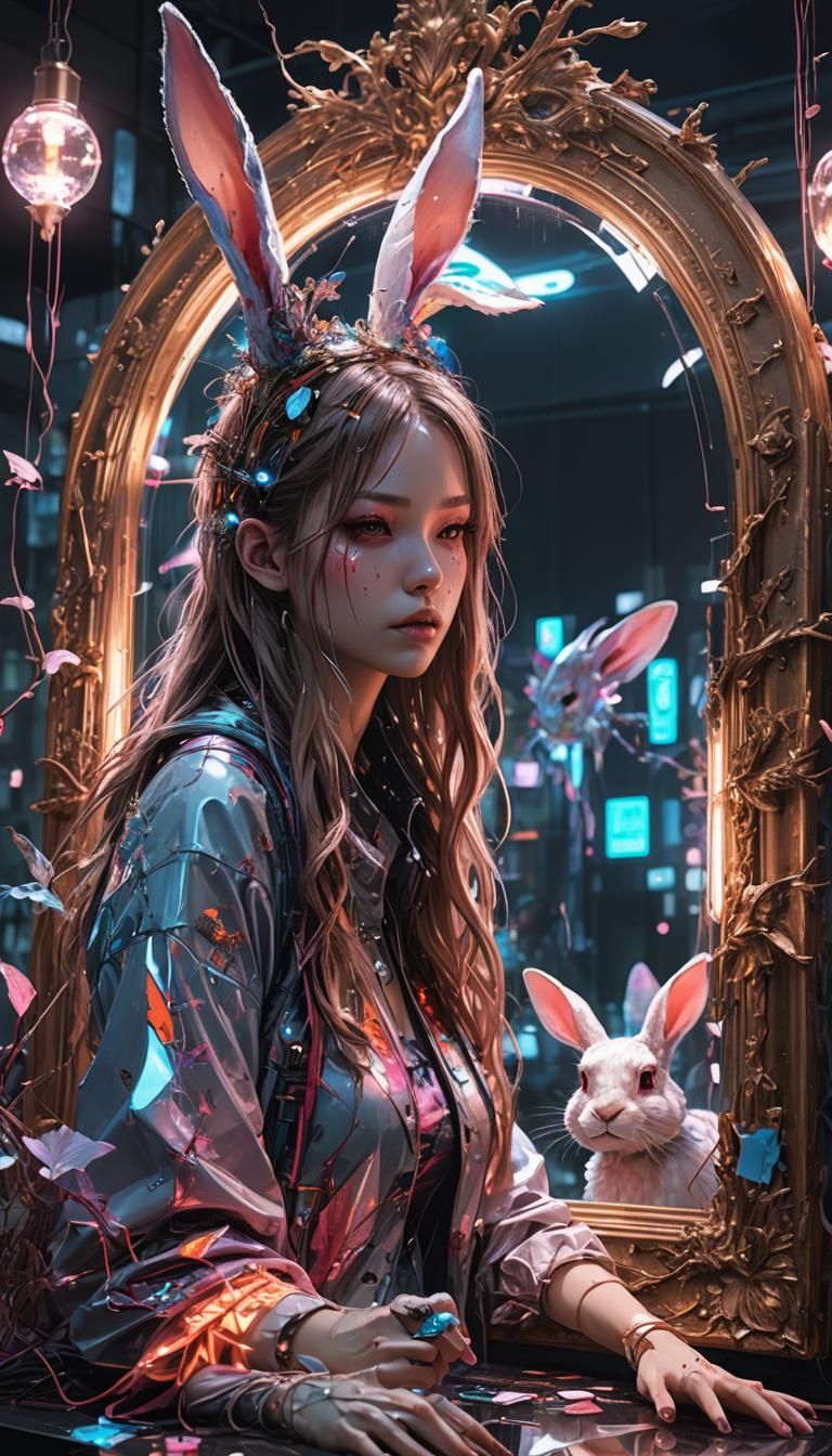 Cyber Rabbit Girl with Distorted Reflection