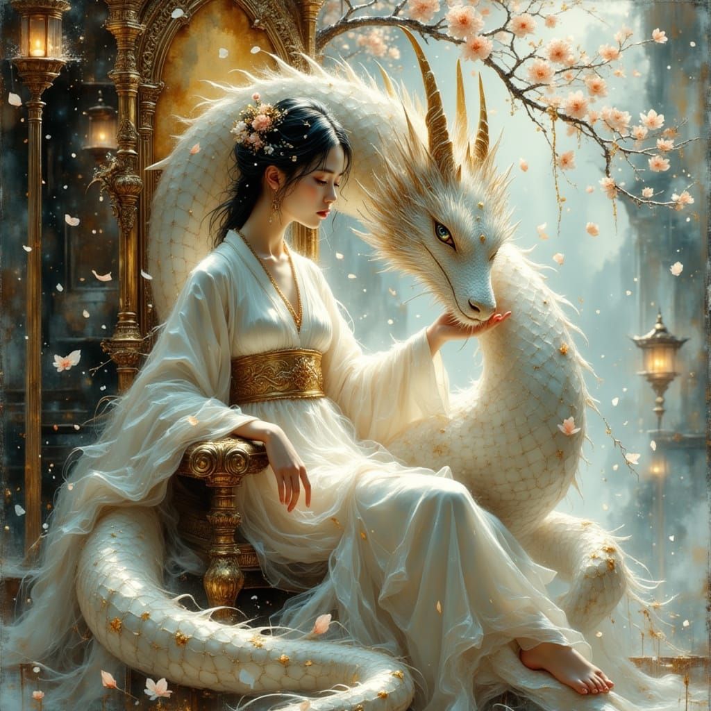 Japanese Fantasy Scene: Woman on Throne with Dragon