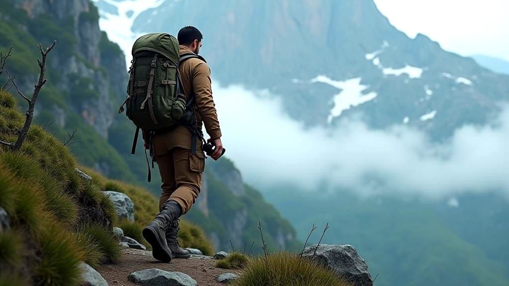 Hiker on Mountain: Detailed Matte Painting in 8k