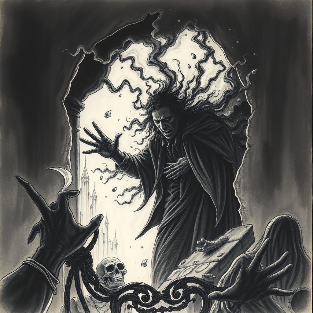 Man Trapped in Dark Dungeon, Charcoal Drawing