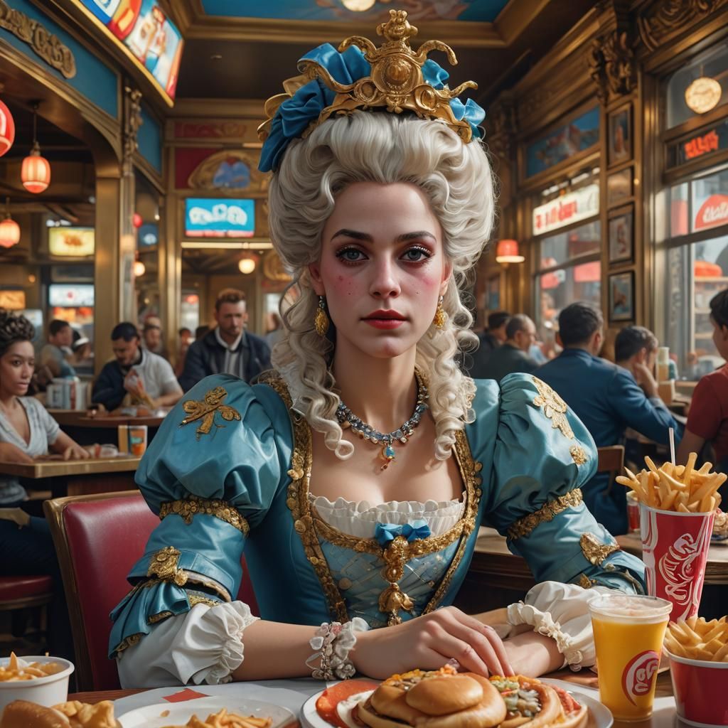 Marie Antoinette in Fast Food Joint: Hyperrealistic Portrait