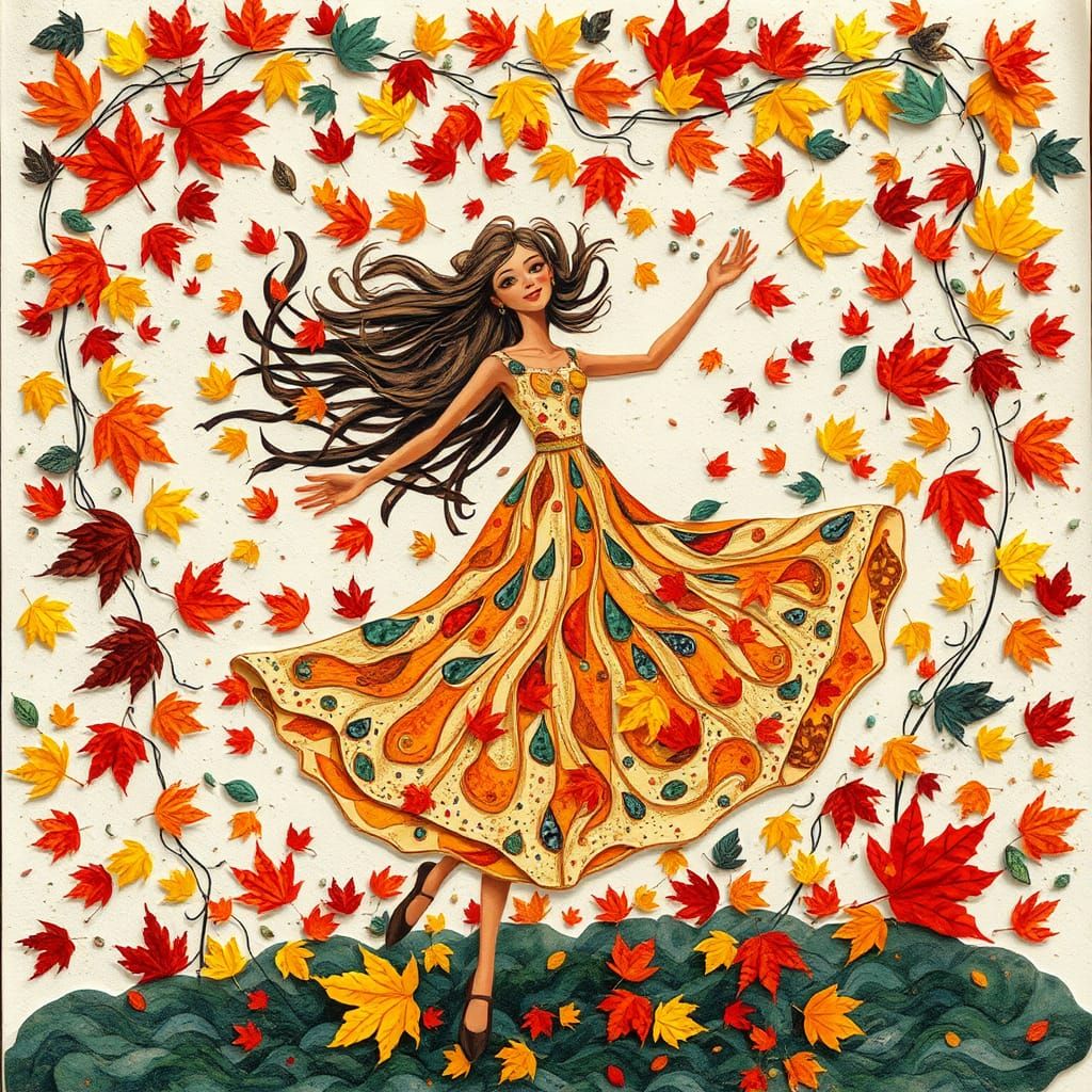 Whimsical Woman Dancing in Autumnal Collage