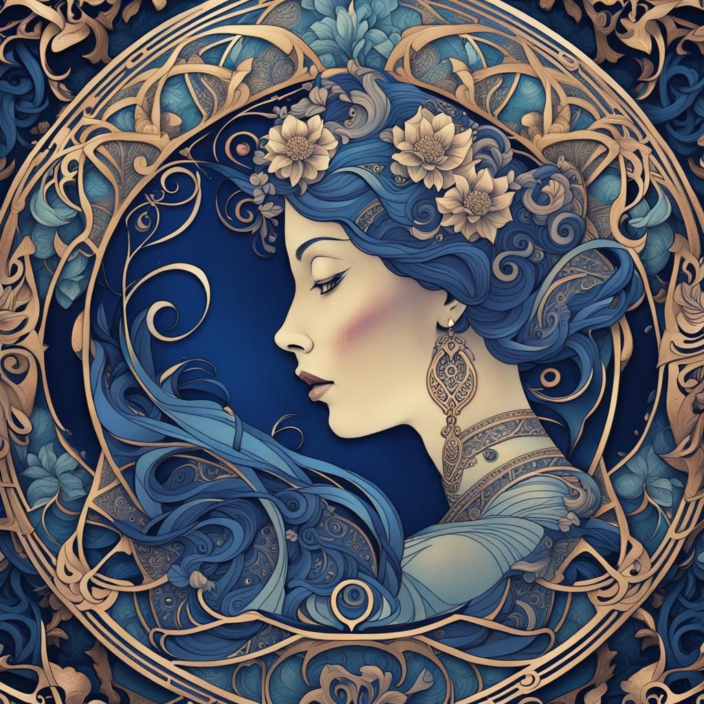 Art Nouveau Tattooed Woman with Intricate Details